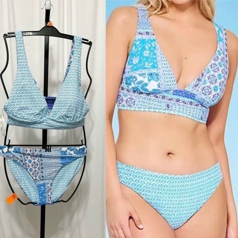 Mynah  NWT Sz L Blue Midkini  & Hipster Mid-Rise Bottom Reversible Swimsuit Set
